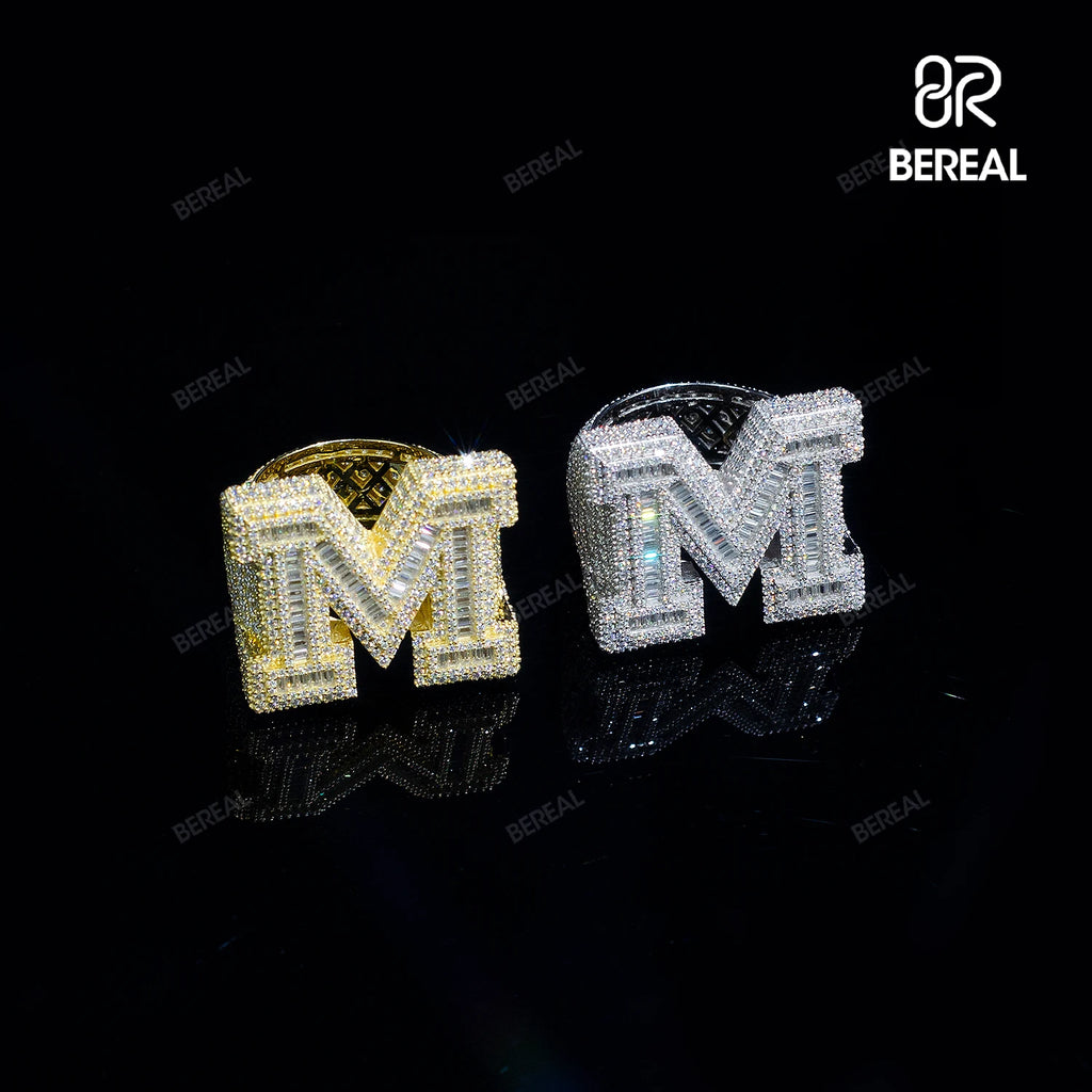 Custom Iced Out VVS Moissanite Baguette Diamond Hip Hop Ring Single Initial Letter 925 Silver for Men Jewelry