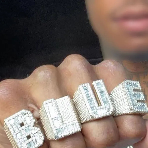 Custom Iced Out VVS Moissanite Baguette Diamond Hip Hop Ring Single Initial Letter 925 Silver for Men Jewelry