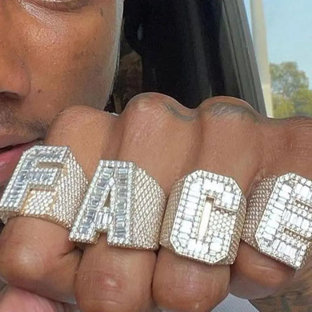 Custom Iced Out VVS Moissanite Baguette Diamond Hip Hop Ring Single Initial Letter 925 Silver for Men Jewelry