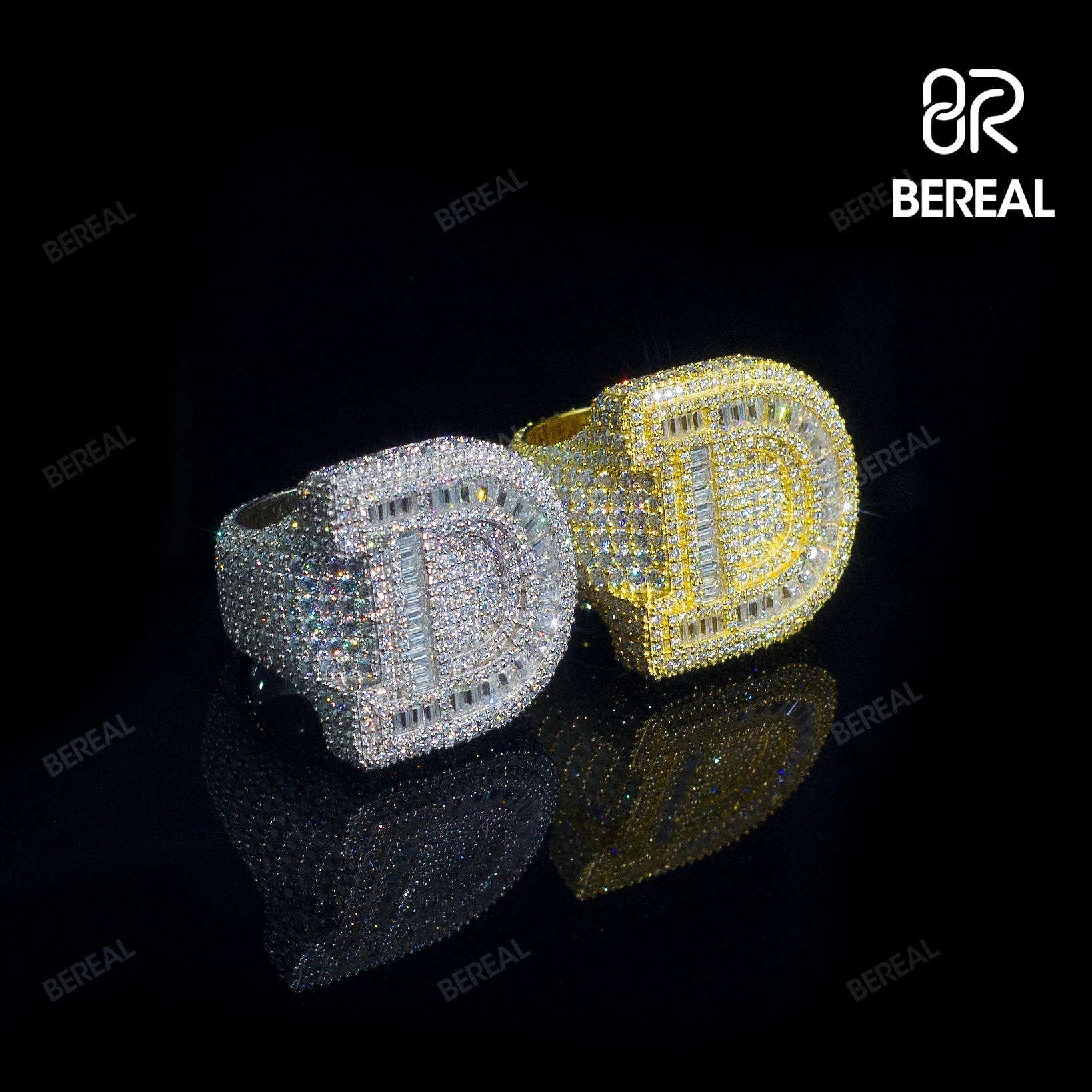 Custom Iced Out VVS Moissanite Baguette Diamond Hip Hop Ring Single Initial Letter 925 Silver for Men Jewelry