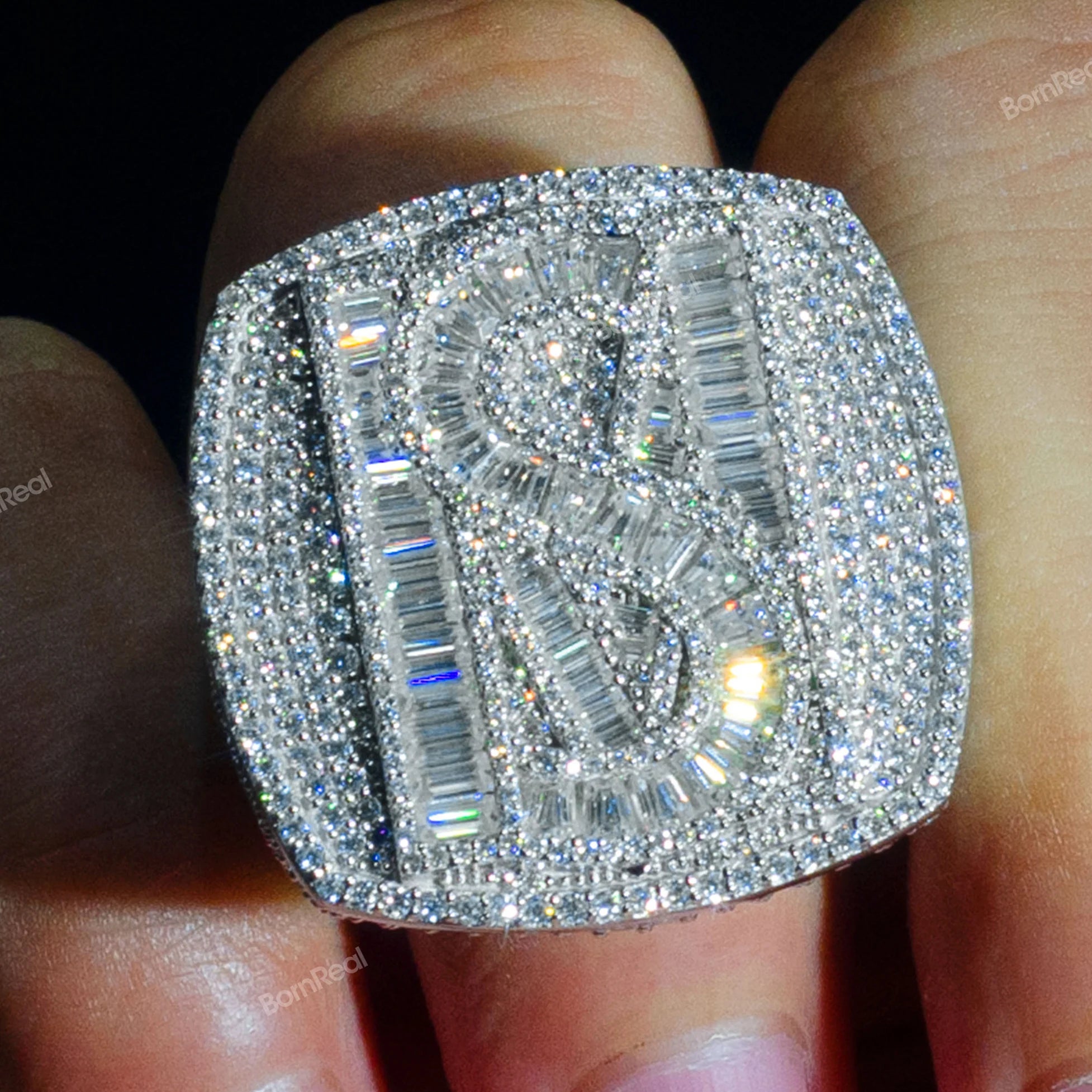 Custom Iced Out VVS Moissanite Baguette Diamond Hip Hop Ring Single Initial Letter 925 Silver for Men Jewelry