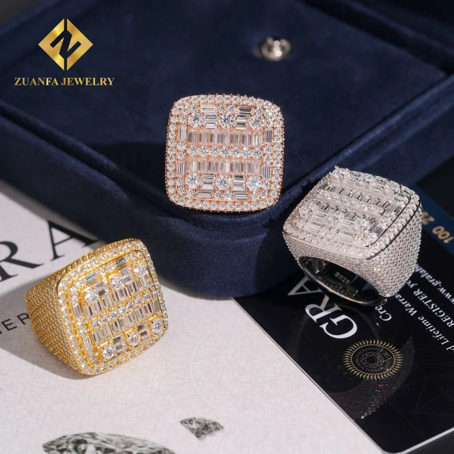 Trendy Jewelry Hip Hop 925 Sterling Silver VVS  Iced Out Diamond Ring Baguette Moissanite Diamond Fine Ring Men