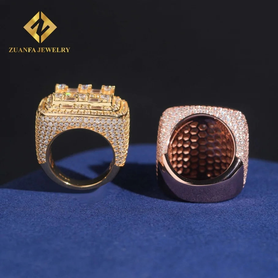 Trendy Jewelry Hip Hop 925 Sterling Silver VVS  Iced Out Diamond Ring Baguette Moissanite Diamond Fine Ring Men
