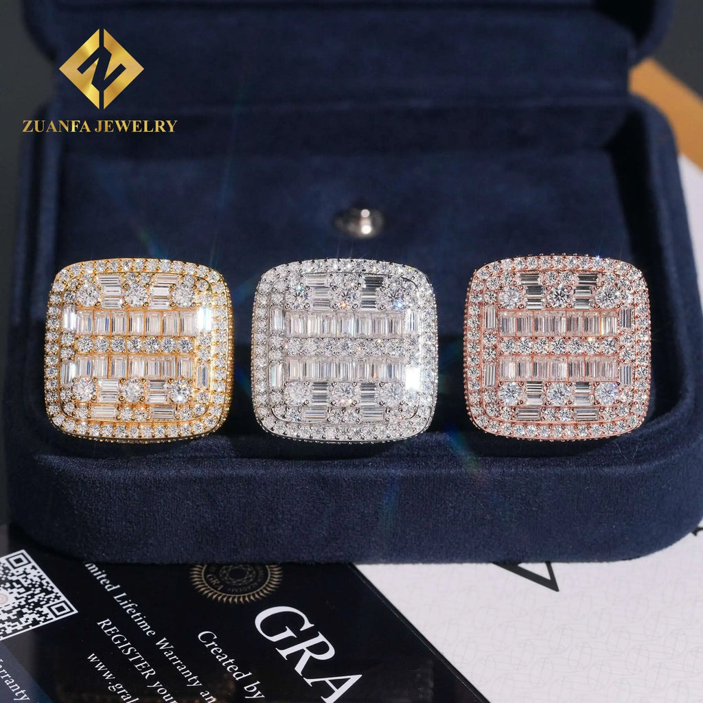 Trendy Jewelry Hip Hop 925 Sterling Silver VVS  Iced Out Diamond Ring Baguette Moissanite Diamond Fine Ring Men