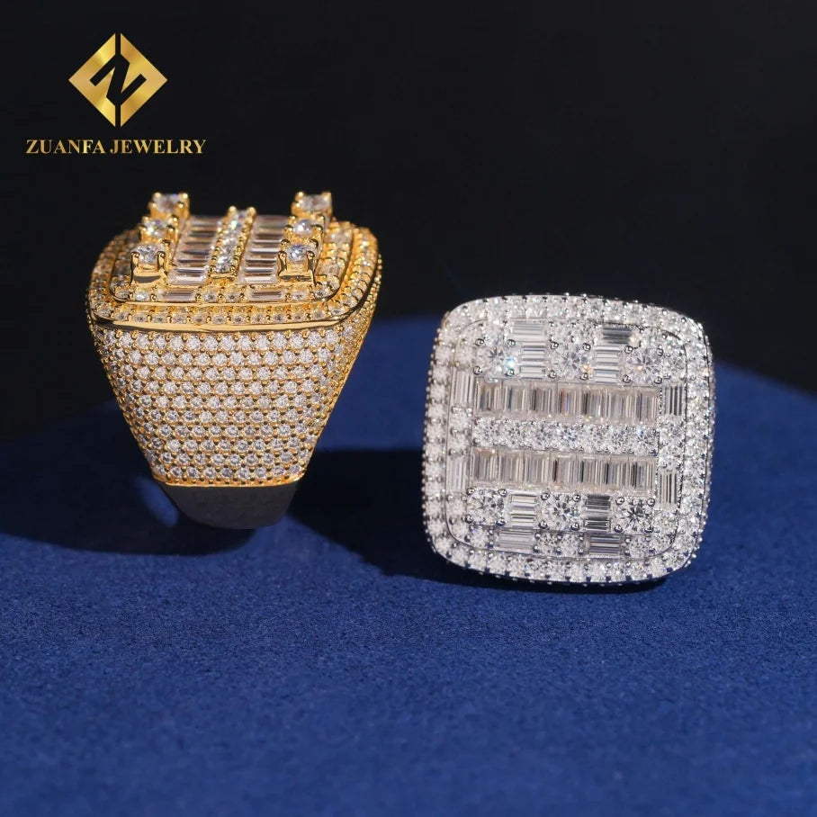 Trendy Jewelry Hip Hop 925 Sterling Silver VVS  Iced Out Diamond Ring Baguette Moissanite Diamond Fine Ring Men
