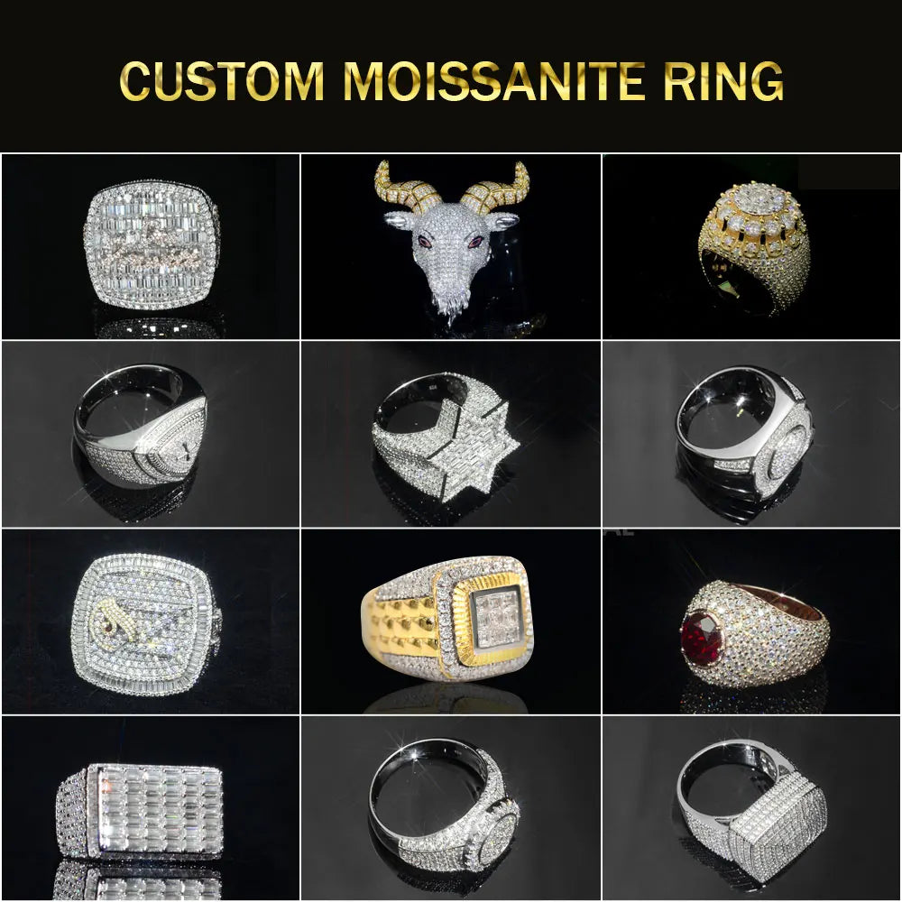 Custom Iced Out VVS Moissanite Baguette Diamond Hip Hop Ring Single Initial Letter 925 Silver for Men Jewelry