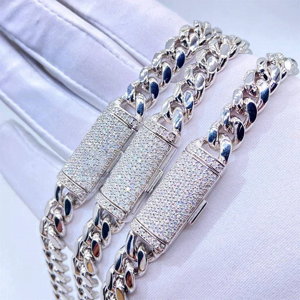 Ready to Ship 8mm 10mm 12mm 14mm 18mm Iced Out Hip Hop Moissanite Diamond 316L Stainless Steel Gold Plated Cuban Link Chain