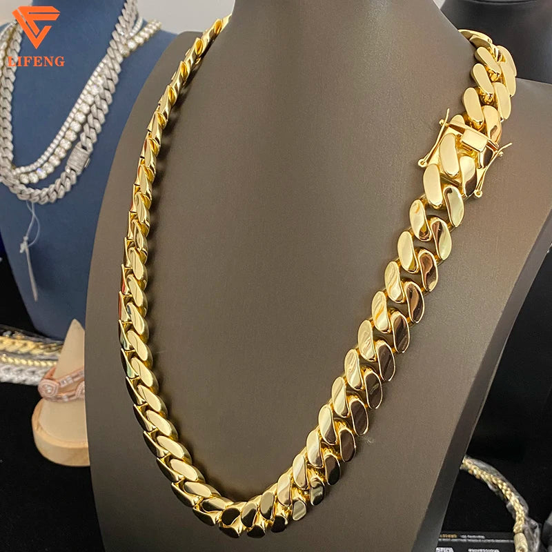 18k  Gold Plated Cuban Chains Plain Necklace 14MM Custom Rapper Men Hip Hop Cuban Link Chain