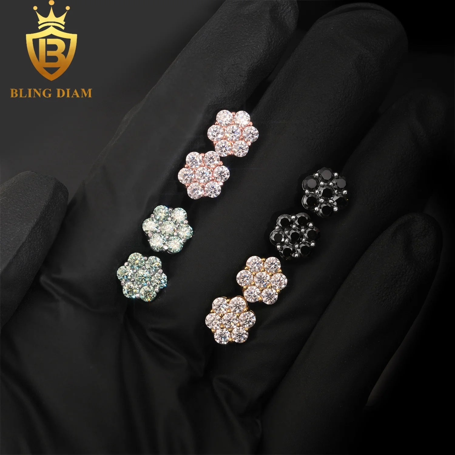 Ready to Ship Fashion Jewelry 925 Sterling Silver Vvs Moissanite Colorful Blue Black Big Flower Earrings for Women Men
