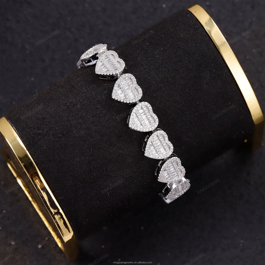XG Rts Moissanite Bracelet with GRA  Baguettes Diamond Heart Bracelet Silver Gold Plated Cuban Link Chain Fine Jewelry Bracelet