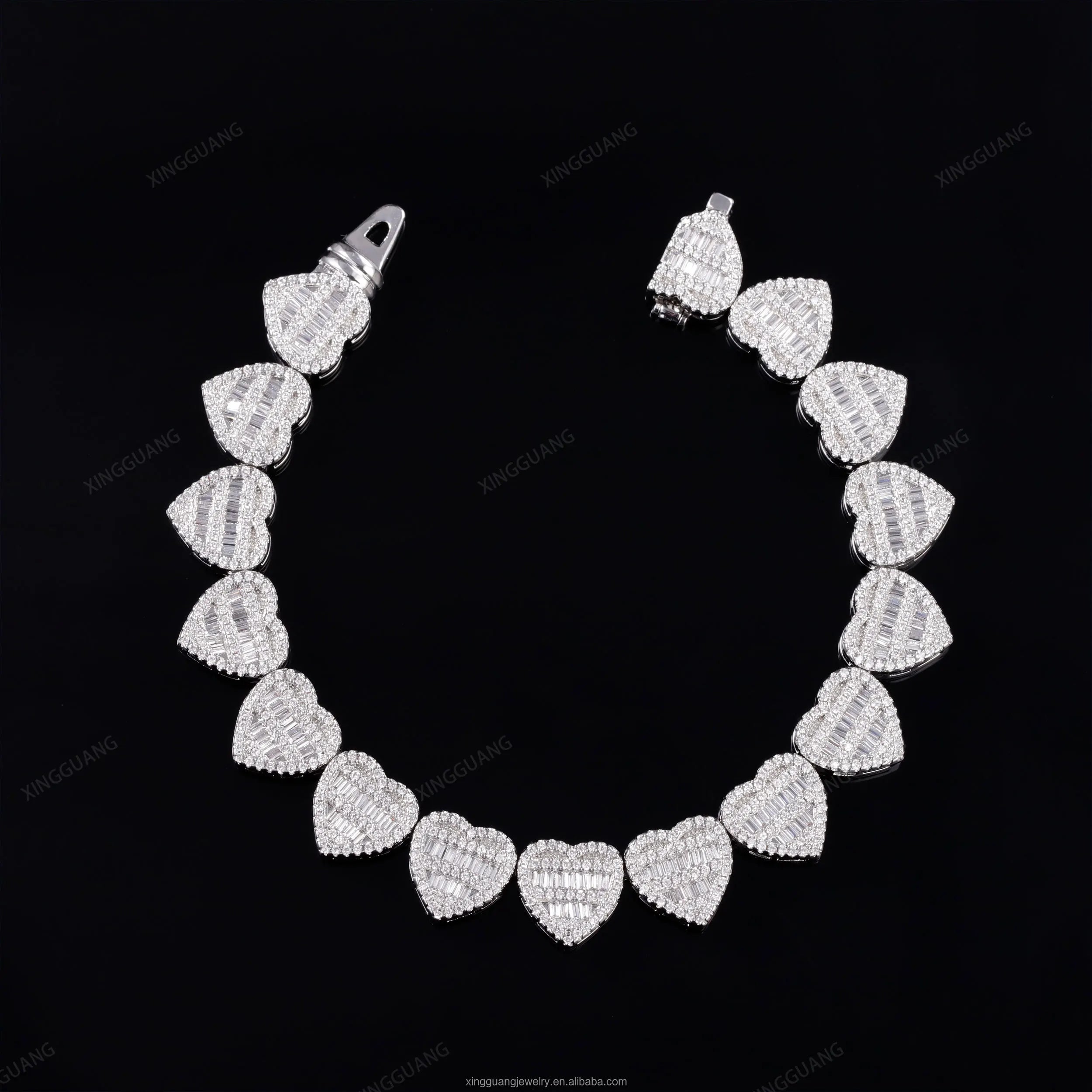 XG Rts Moissanite Bracelet with GRA  Baguettes Diamond Heart Bracelet Silver Gold Plated Cuban Link Chain Fine Jewelry Bracelet