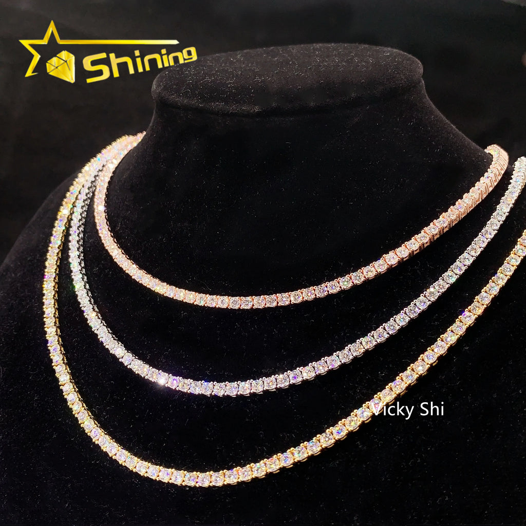 Fast Shipping Hip Hop Iced Out 3mm Moissanite Tennis Chain Men Women 925 Silver Moissanite Tennis Necklace GRA Certificated