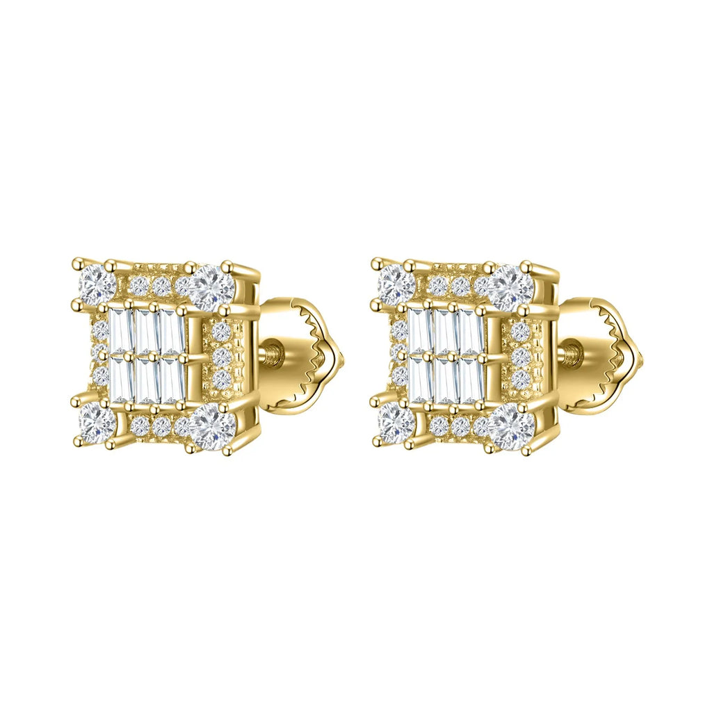 Custom High Quality 14K Solid Gold Diamond Earrings Unisex Hip Hop Baguette VVS Moissanite Stud Earring Gold for Party Gift