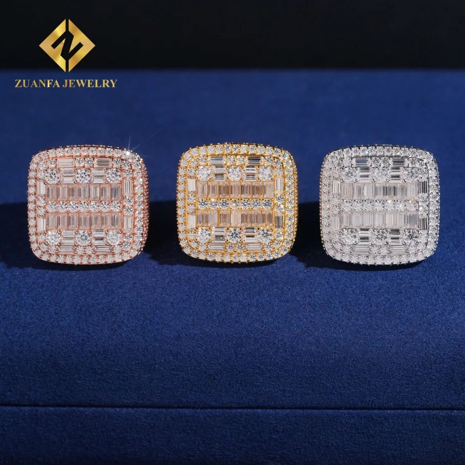 Trendy Jewelry Hip Hop 925 Sterling Silver VVS  Iced Out Diamond Ring Baguette Moissanite Diamond Fine Ring Men