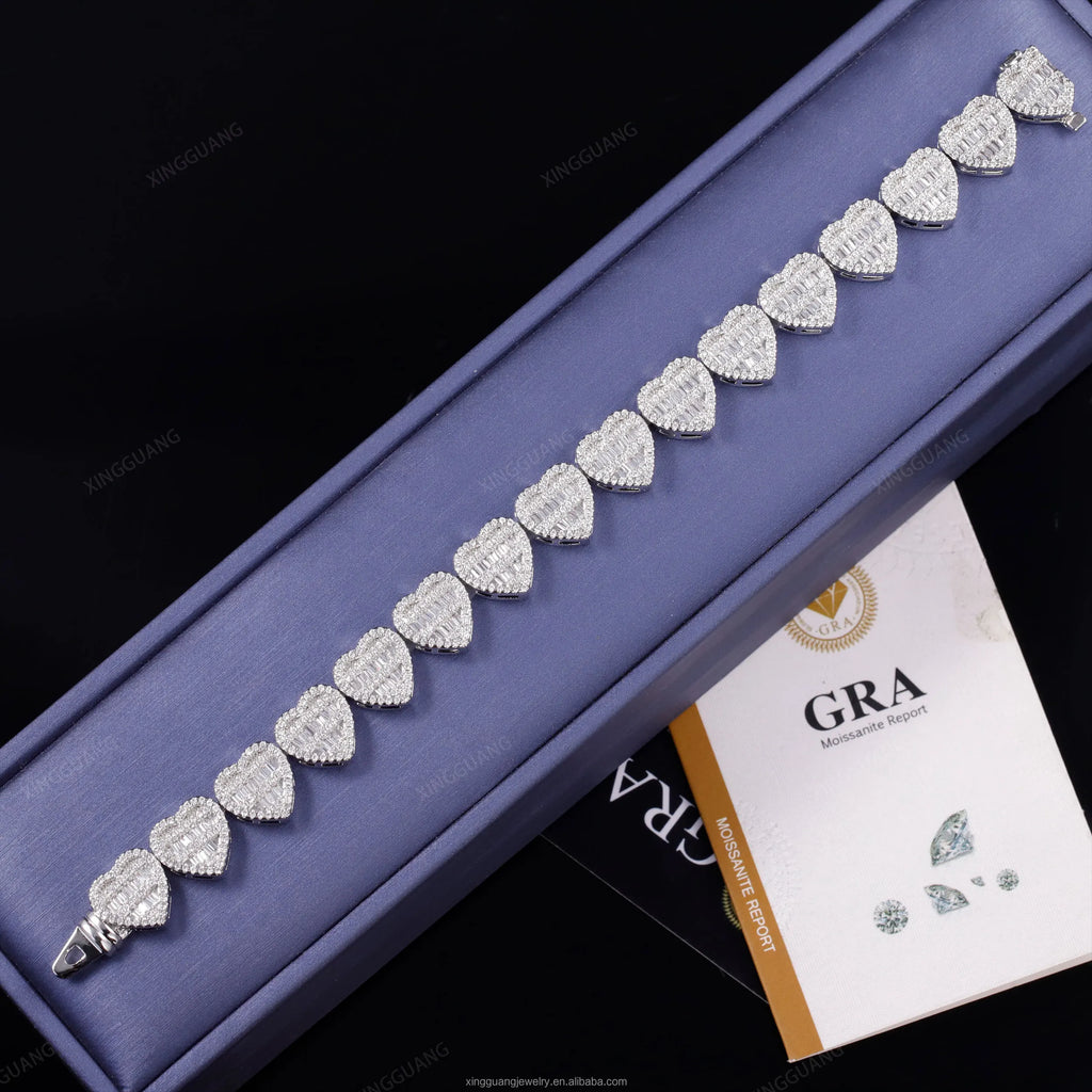 XG Rts Moissanite Bracelet with GRA  Baguettes Diamond Heart Bracelet Silver Gold Plated Cuban Link Chain Fine Jewelry Bracelet
