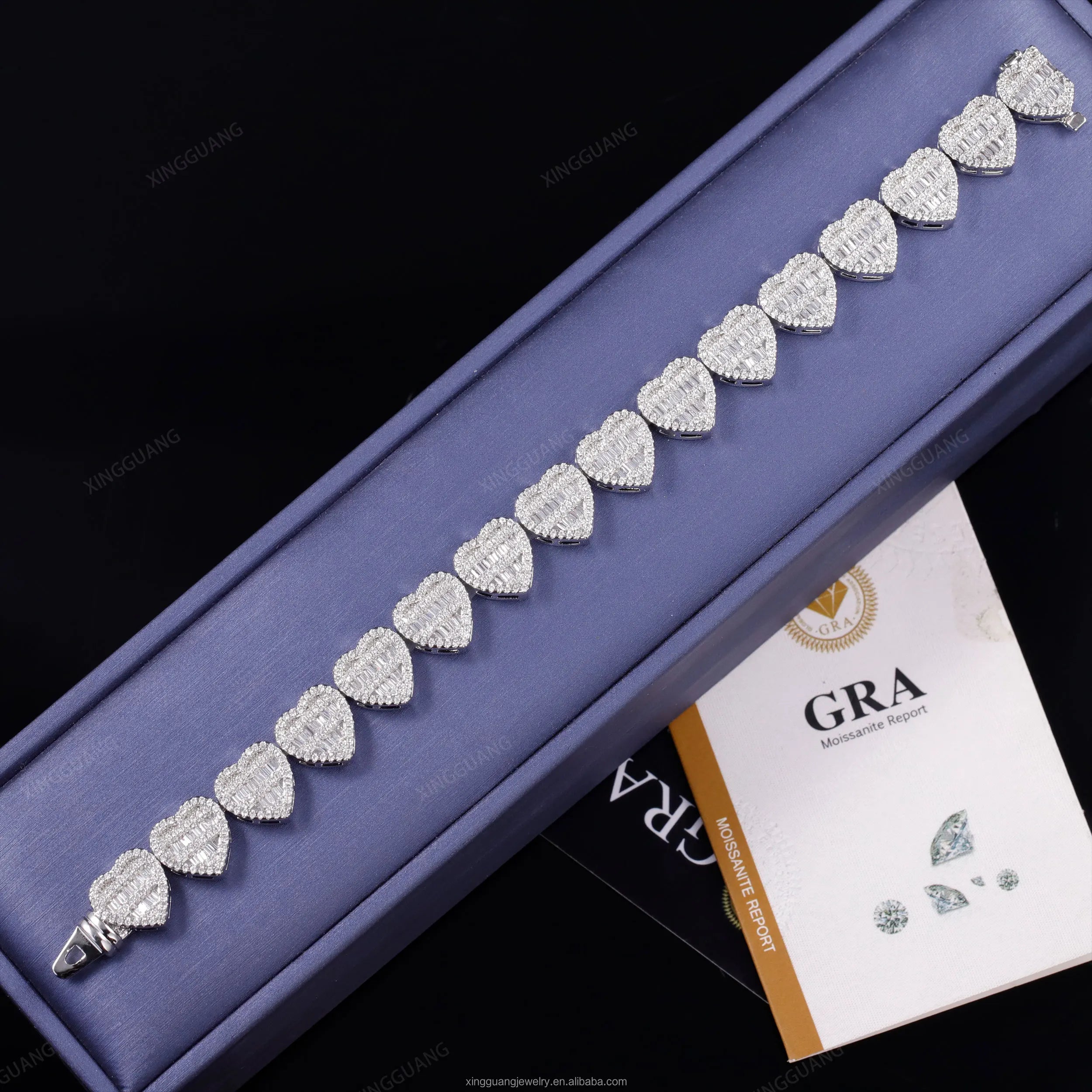 XG Rts Moissanite Bracelet with GRA  Baguettes Diamond Heart Bracelet Silver Gold Plated Cuban Link Chain Fine Jewelry Bracelet