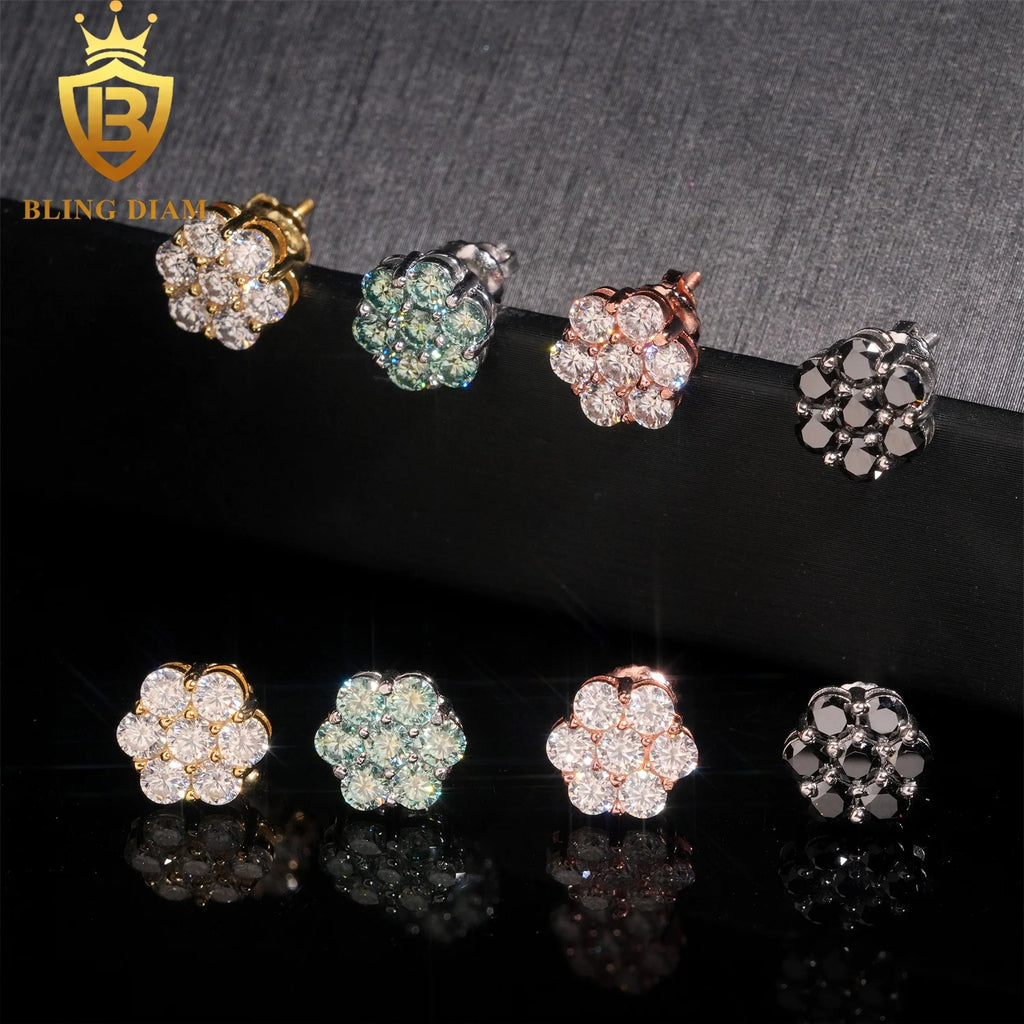 Ready to Ship Fashion Jewelry 925 Sterling Silver Vvs Moissanite Colorful Blue Black Big Flower Earrings for Women Men