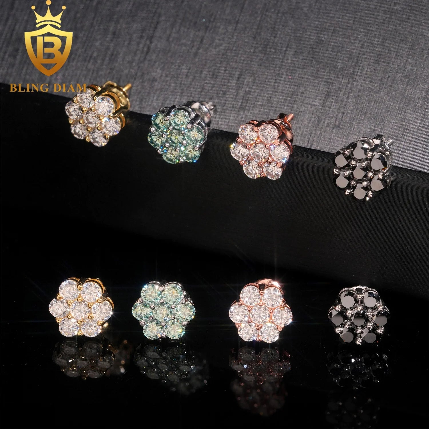 Ready to Ship Fashion Jewelry 925 Sterling Silver Vvs Moissanite Colorful Blue Black Big Flower Earrings for Women Men