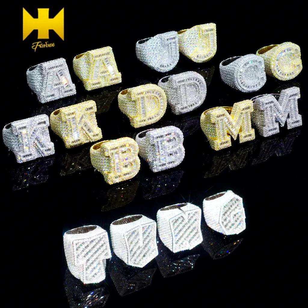 Custom Iced Out VVS Moissanite Baguette Diamond Hip Hop Ring Single Initial Letter 925 Silver for Men Jewelry