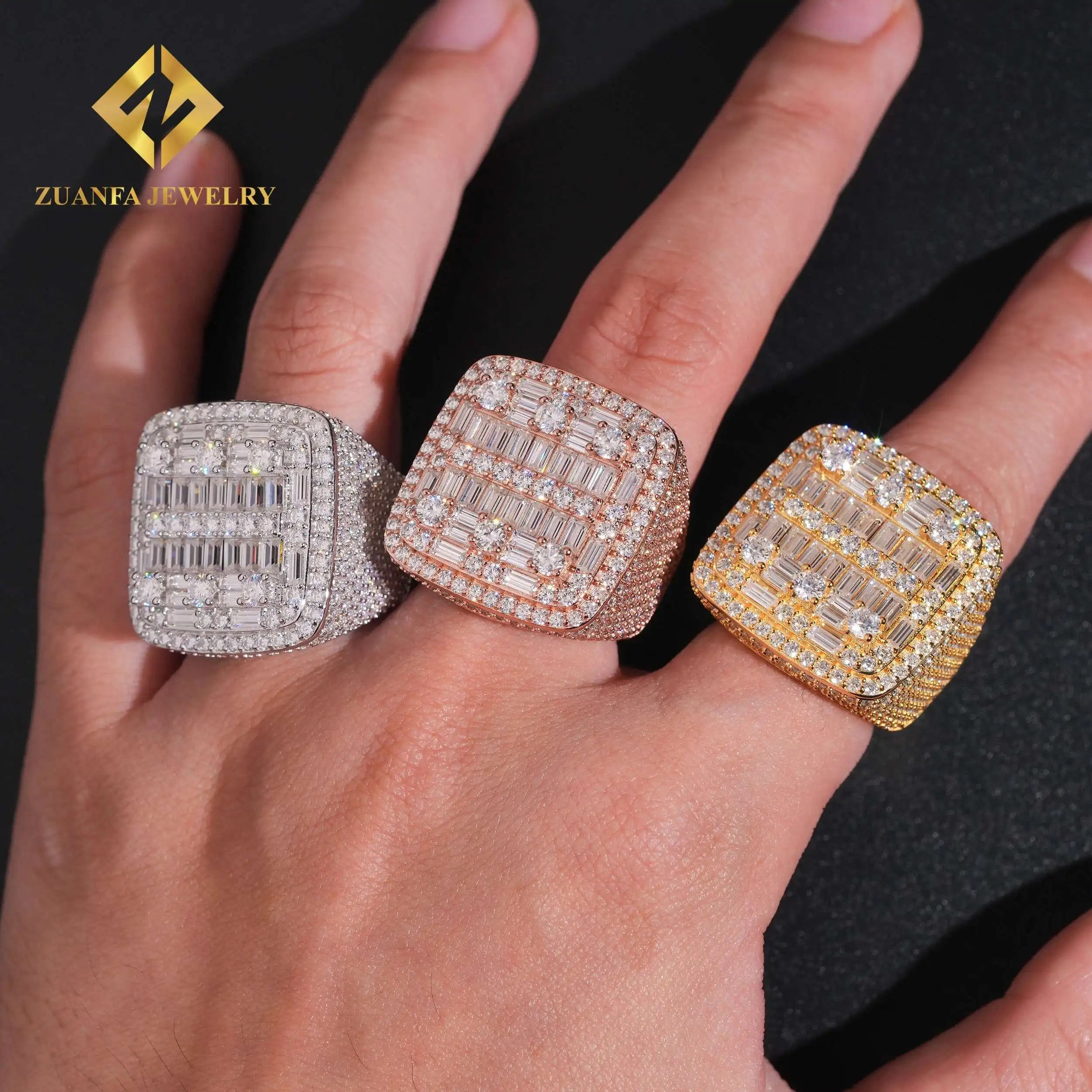 Trendy Jewelry Hip Hop 925 Sterling Silver VVS  Iced Out Diamond Ring Baguette Moissanite Diamond Fine Ring Men