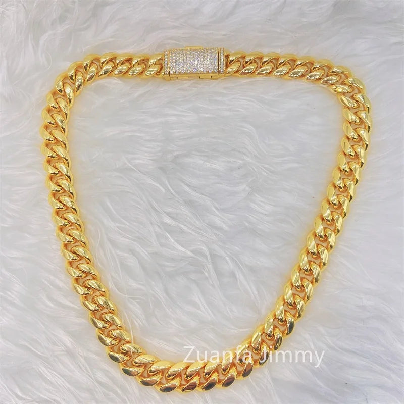 Ready to Ship 8mm 10mm 12mm 14mm 18mm Iced Out Hip Hop Moissanite Diamond 316L Stainless Steel Gold Plated Cuban Link Chain