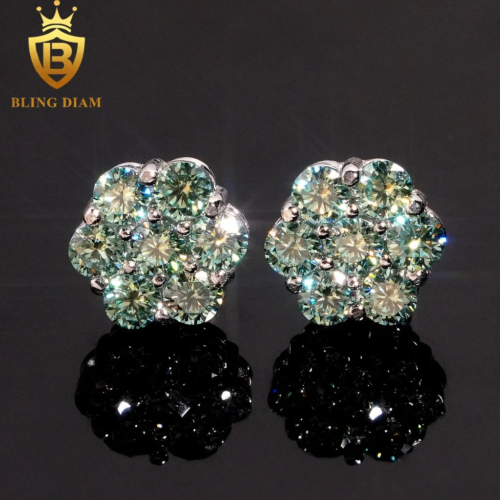 Ready to Ship Fashion Jewelry 925 Sterling Silver Vvs Moissanite Colorful Blue Black Big Flower Earrings for Women Men