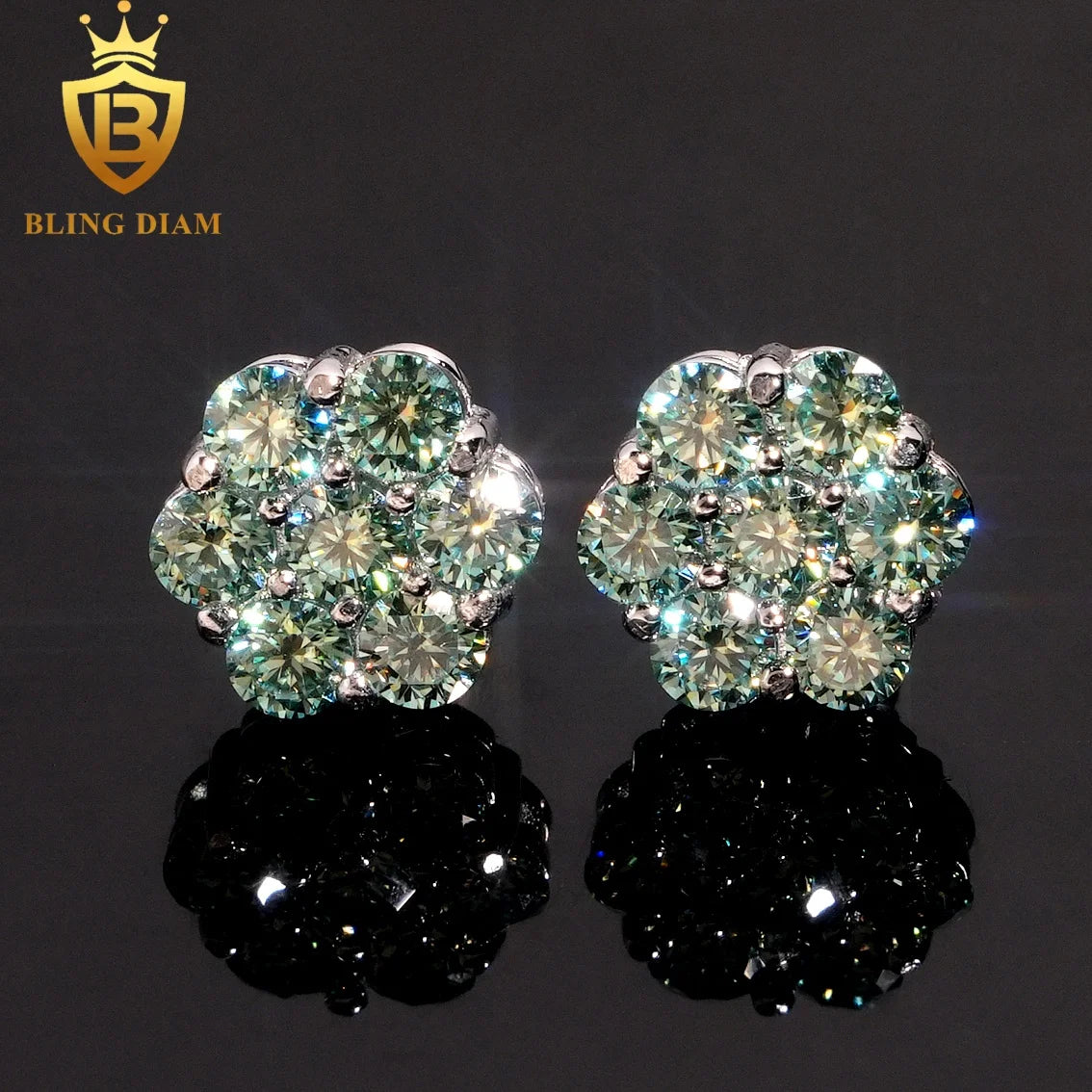 Ready to Ship Fashion Jewelry 925 Sterling Silver Vvs Moissanite Colorful Blue Black Big Flower Earrings for Women Men