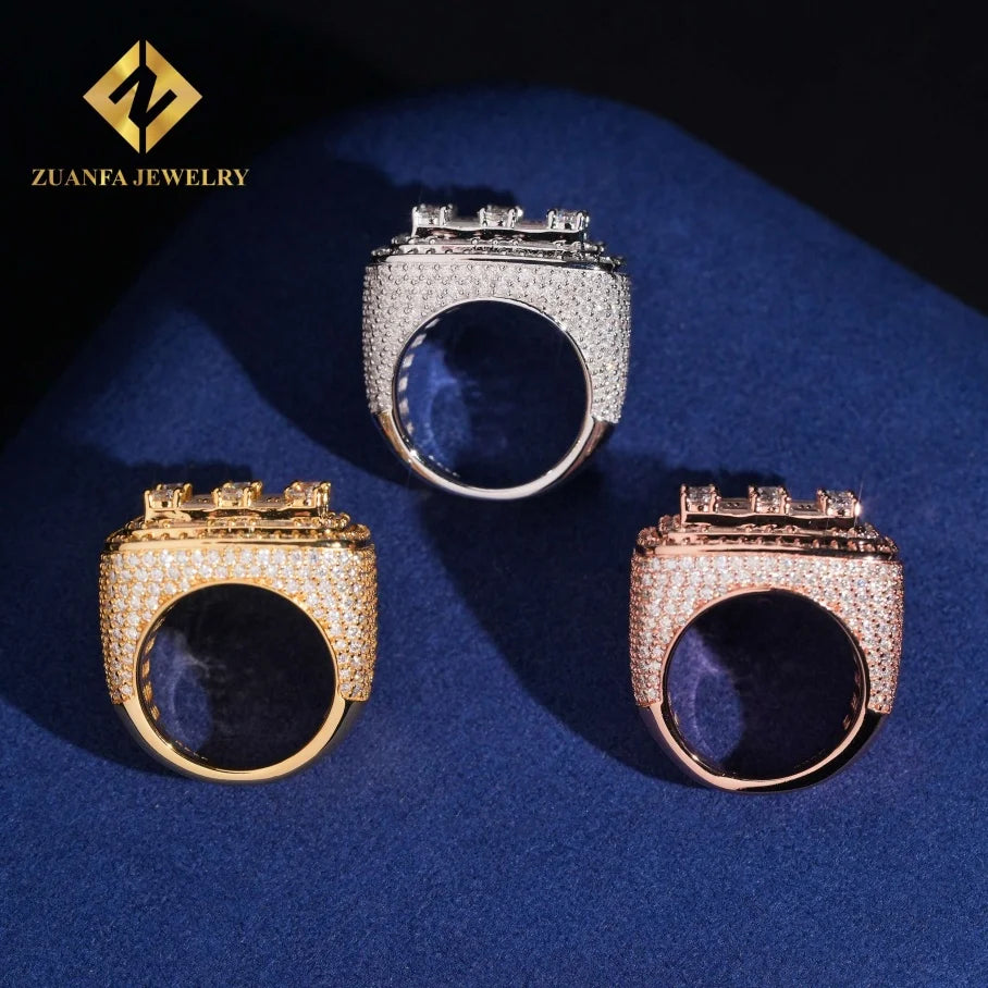 Trendy Jewelry Hip Hop 925 Sterling Silver VVS  Iced Out Diamond Ring Baguette Moissanite Diamond Fine Ring Men