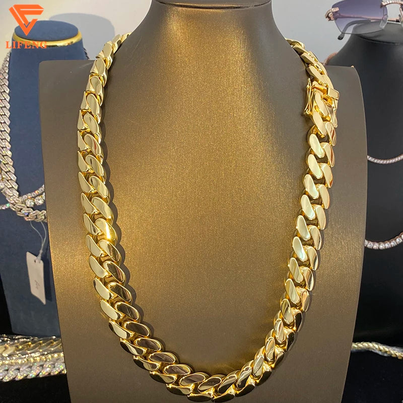 18k  Gold Plated Cuban Chains Plain Necklace 14MM Custom Rapper Men Hip Hop Cuban Link Chain