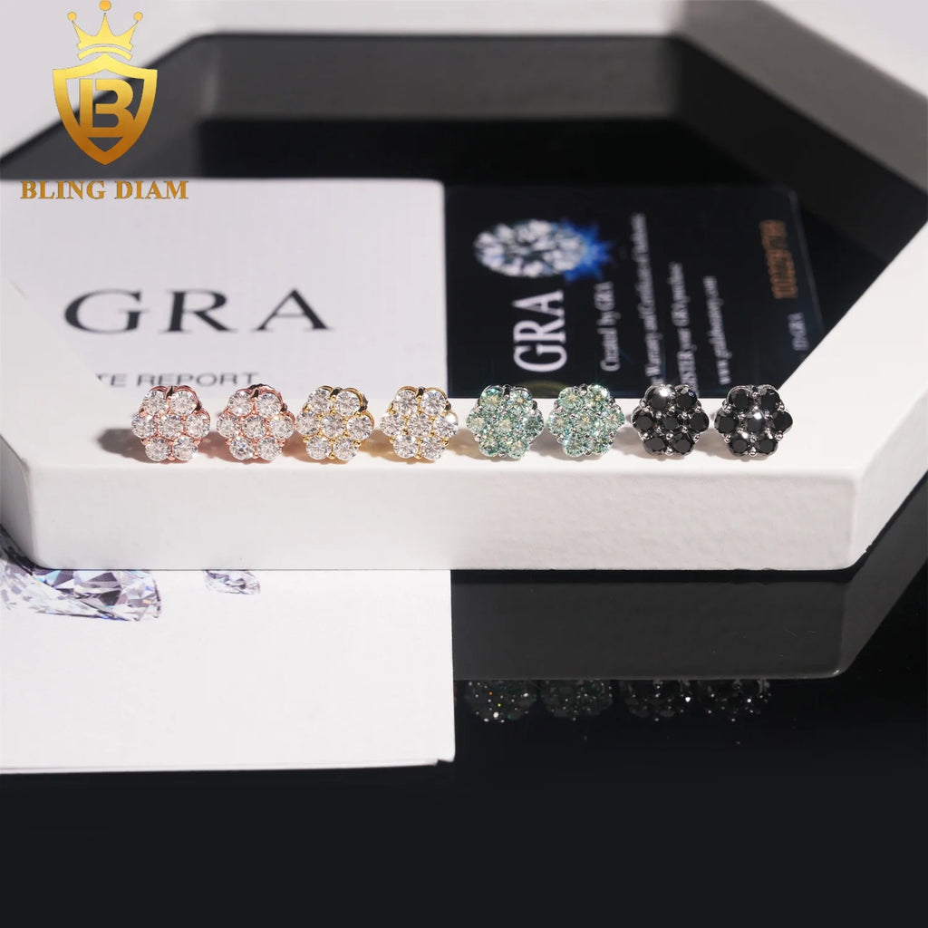 Ready to Ship Fashion Jewelry 925 Sterling Silver Vvs Moissanite Colorful Blue Black Big Flower Earrings for Women Men