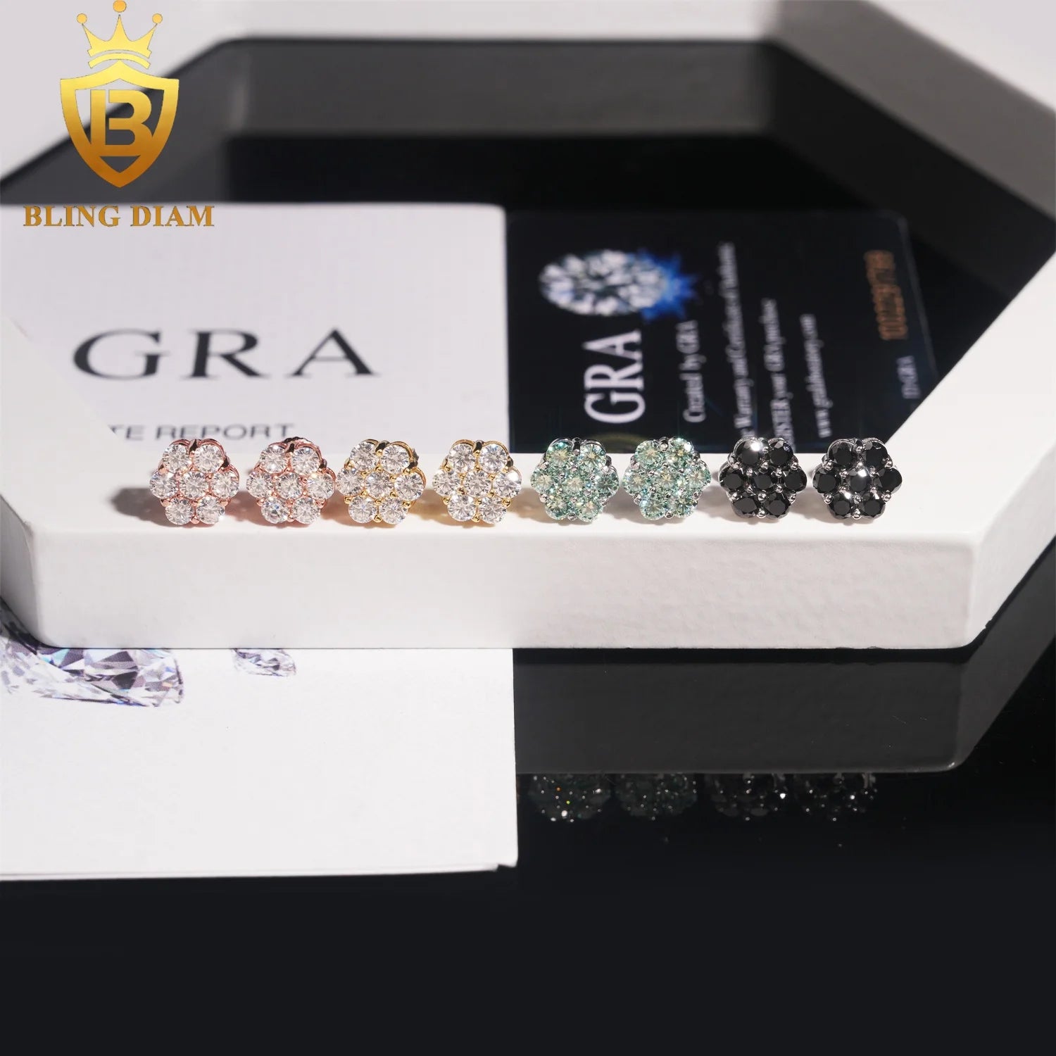Ready to Ship Fashion Jewelry 925 Sterling Silver Vvs Moissanite Colorful Blue Black Big Flower Earrings for Women Men
