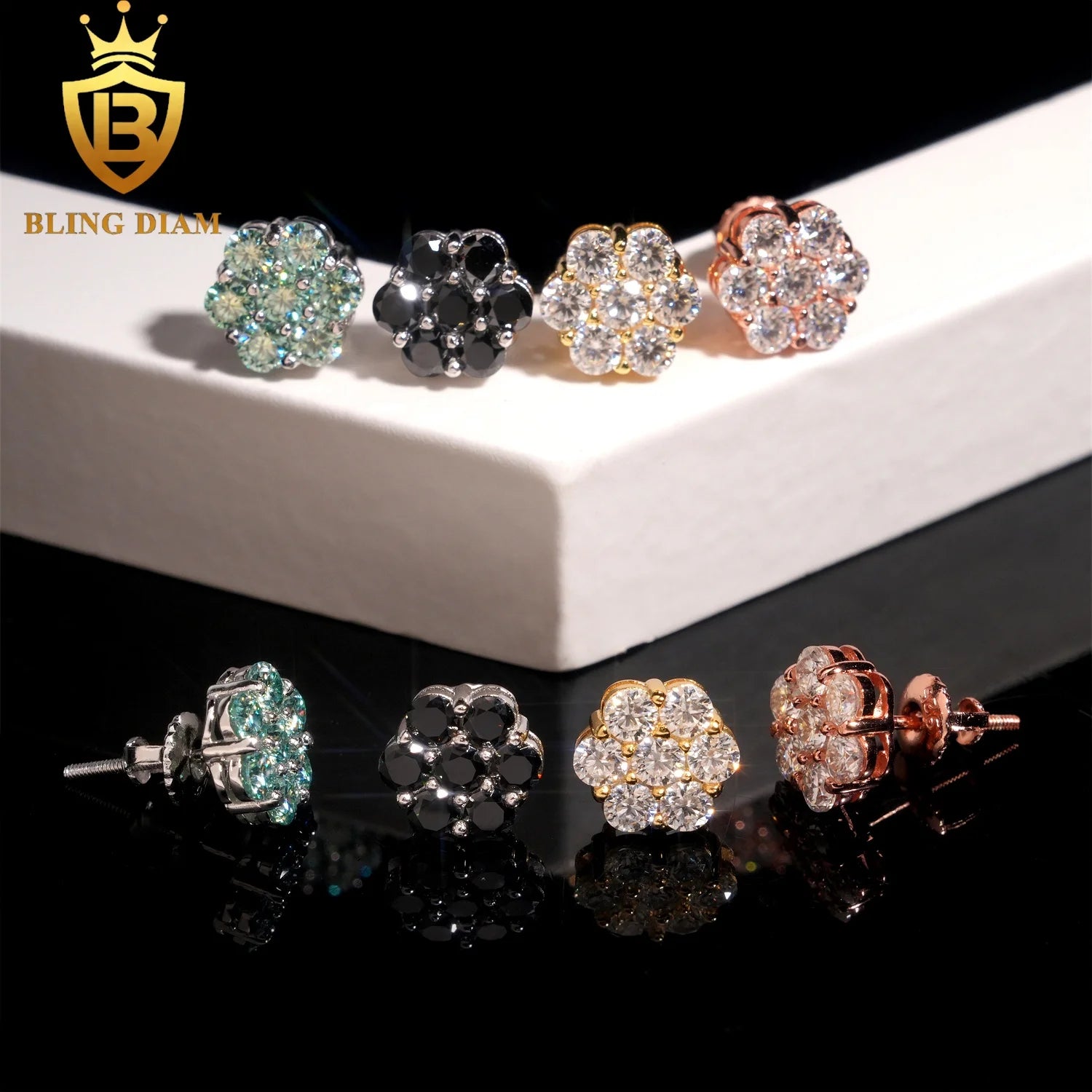 Ready to Ship Fashion Jewelry 925 Sterling Silver Vvs Moissanite Colorful Blue Black Big Flower Earrings for Women Men