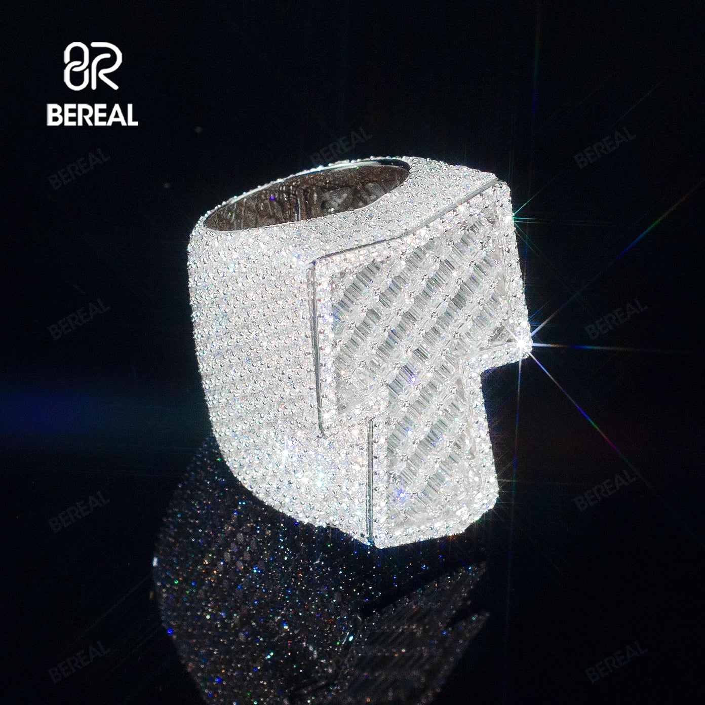 Custom Iced Out VVS Moissanite Baguette Diamond Hip Hop Ring Single Initial Letter 925 Silver for Men Jewelry