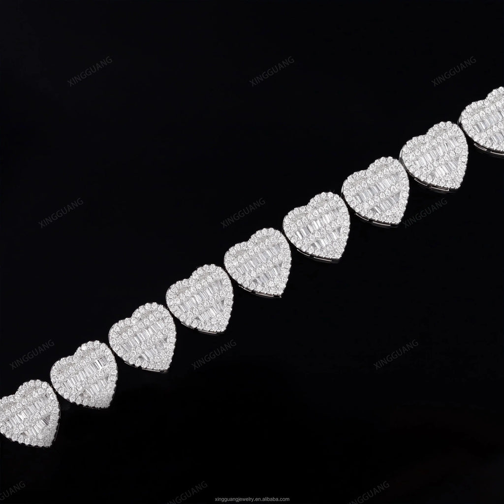 XG Rts Moissanite Bracelet with GRA  Baguettes Diamond Heart Bracelet Silver Gold Plated Cuban Link Chain Fine Jewelry Bracelet
