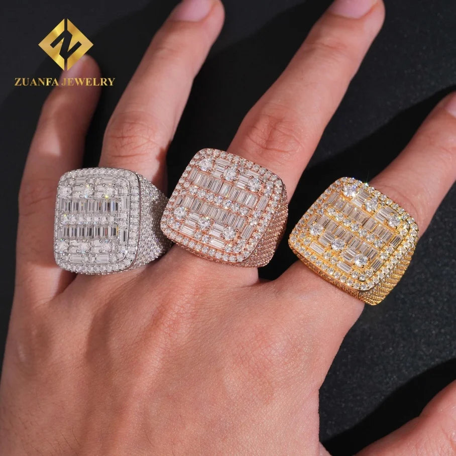 Trendy Jewelry Hip Hop 925 Sterling Silver VVS  Iced Out Diamond Ring Baguette Moissanite Diamond Fine Ring Men
