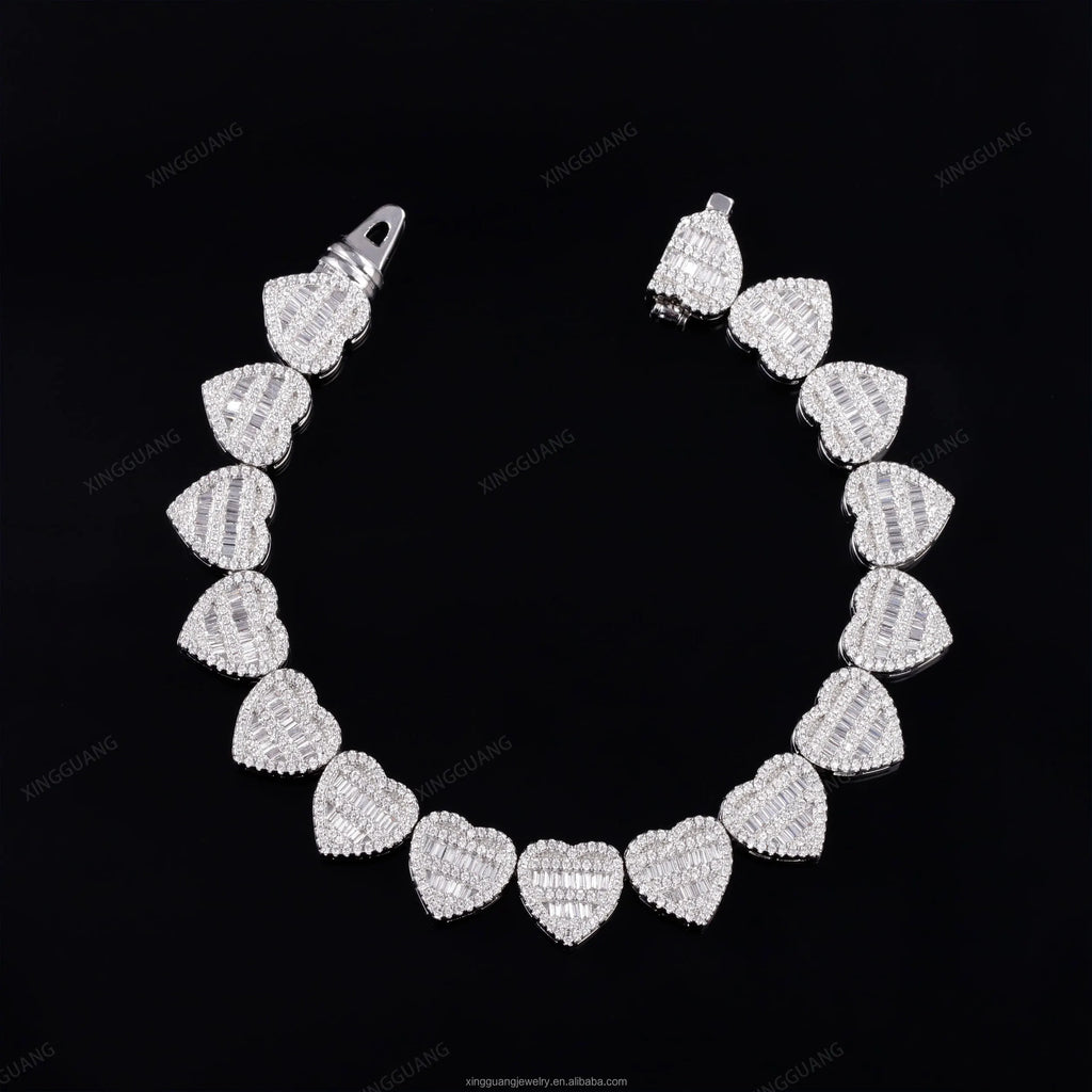 XG Rts Moissanite Bracelet with GRA  Baguettes Diamond Heart Bracelet Silver Gold Plated Cuban Link Chain Fine Jewelry Bracelet