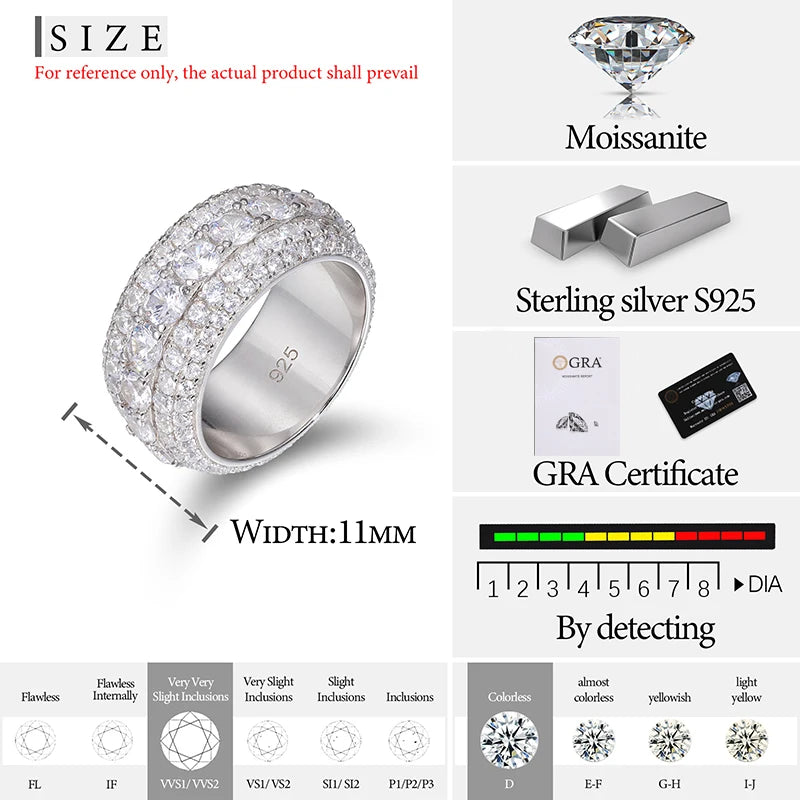 Luxury VVS1 3 Row 11mm Width Moissanite Ring In S925 Silver Ring Hip Hop Jewelry Pave Setting With Certificate Fine Jewlery Gift